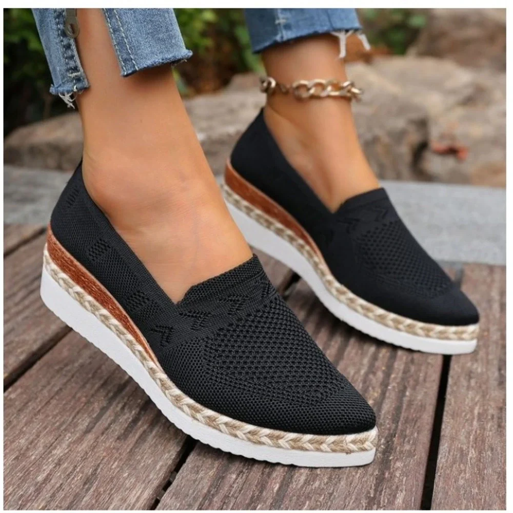 Unbranded Espadrille Platform Slip On Women Size 38 Black Knit Pointed Toe C901
